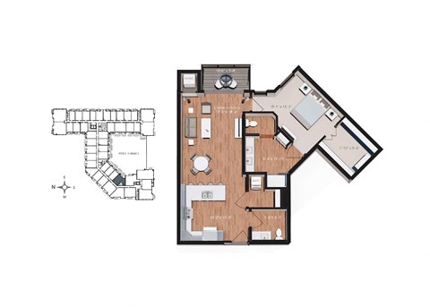 Floor plan for 1 bed, 1 bath, 923 sqft